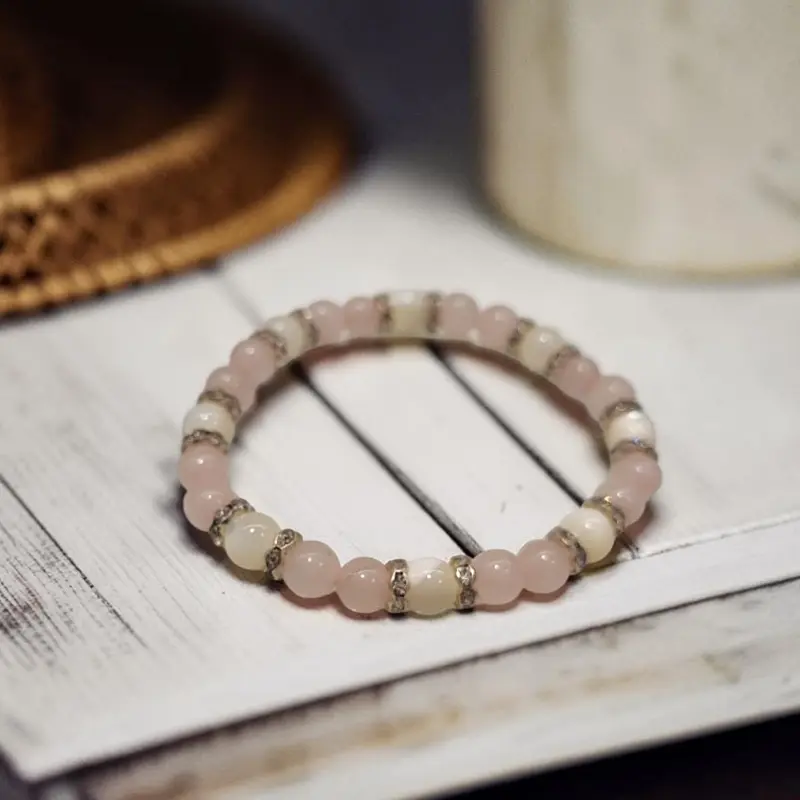Pulsera Gema Elastica Cuarzo Rosa y Nacar
