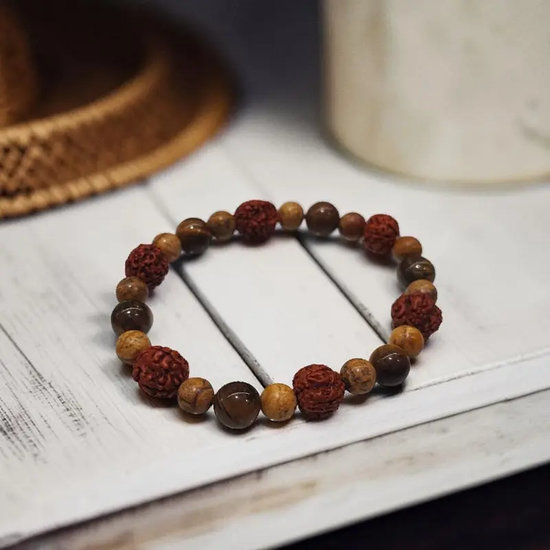 Pulsera Gema Elastica Ojo de Tigre, Jaspe Madera y Rudraksha