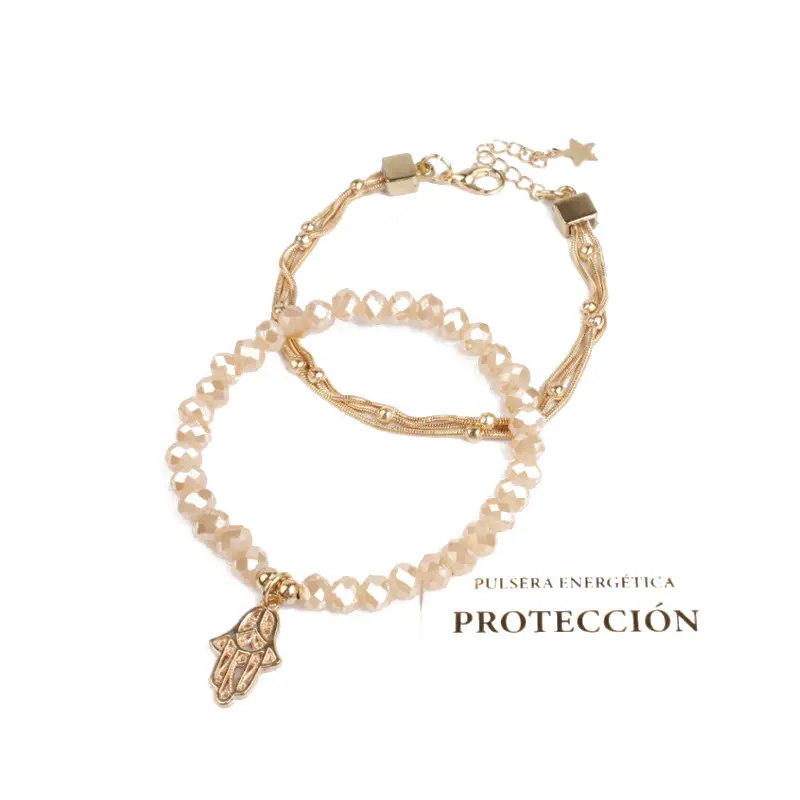 Set Pulseras Cadena Dorada y Elastica Cristal con Mano de Fatima