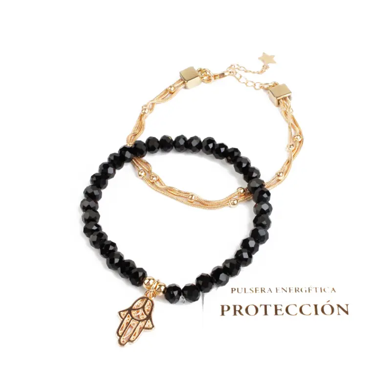 Set Pulseras Cadena Dorada y Elastica Negra con Mano de Fatima