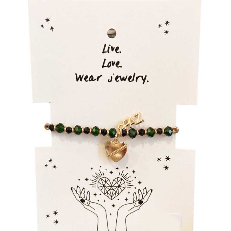 Pulsera Verde con Corazon Dorado y Paz