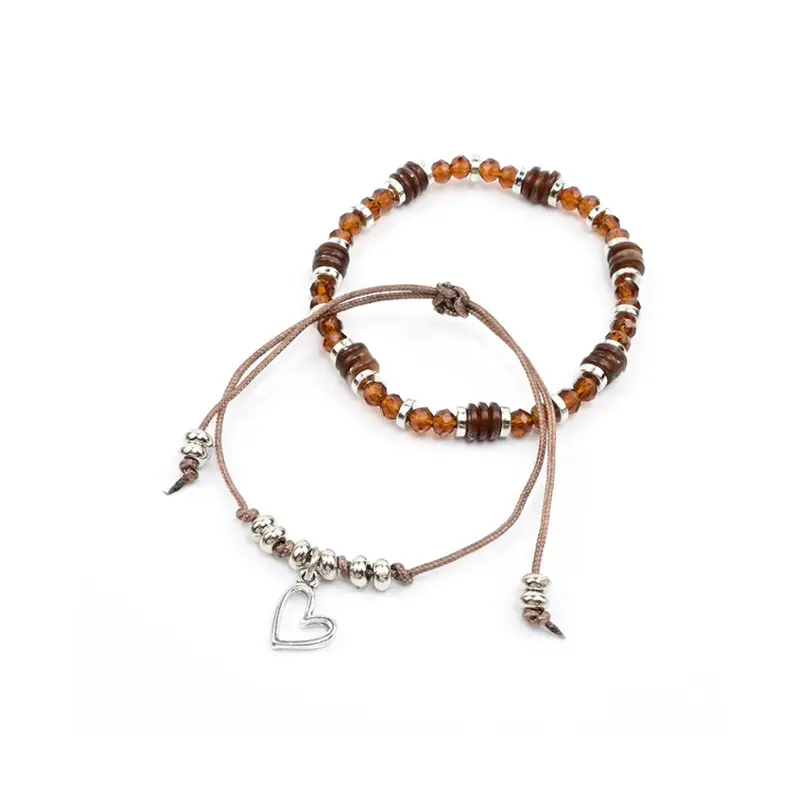 Set Pulseras Hilo y Elastica Tonos Marrones con Dijes Plateados