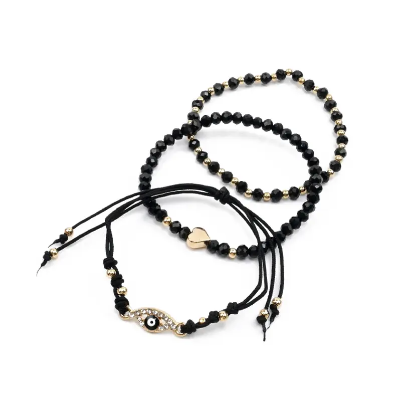 Set Tres Pulseras Hilo con Ojo Turco y Elasticas Negras Dije Corazon 