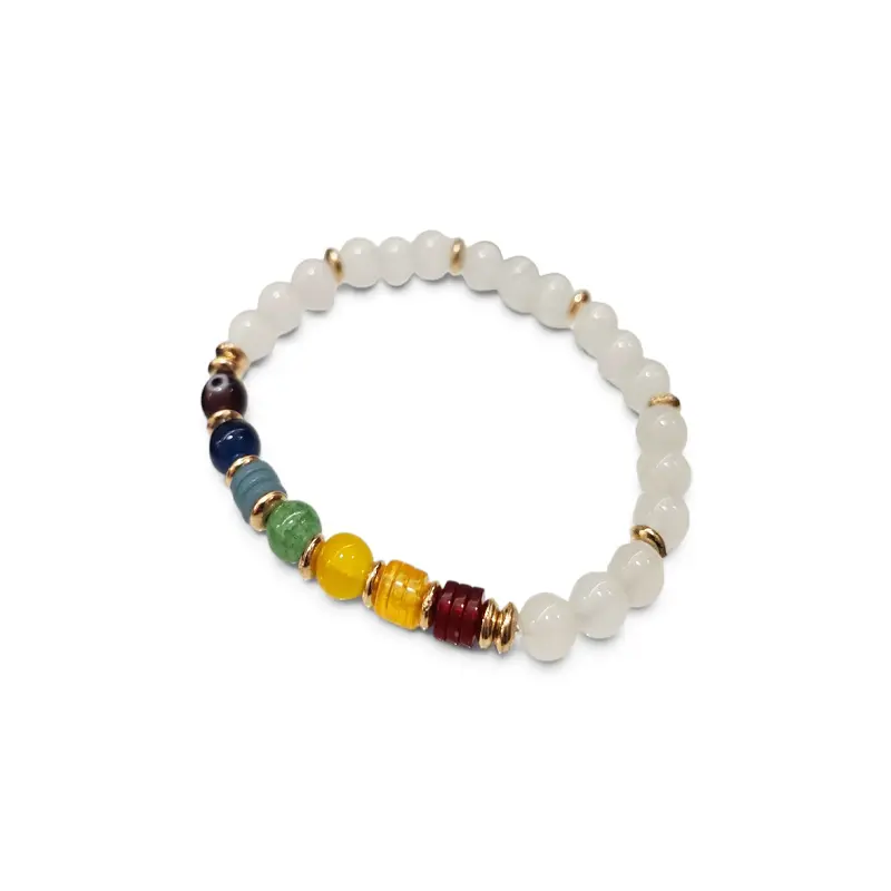 Pulsera Elastica Blanca 7 Chakras con Ojo Turco 