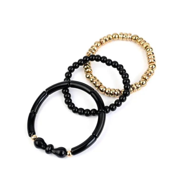 Set Tres Pulseras Elasticas Negras y Dorada