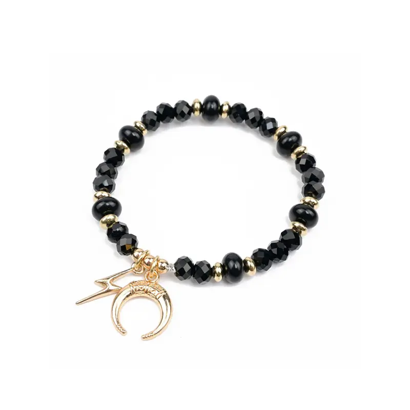 Pulsera Elastica Negra con Dijes Dorado Rayo y Luna