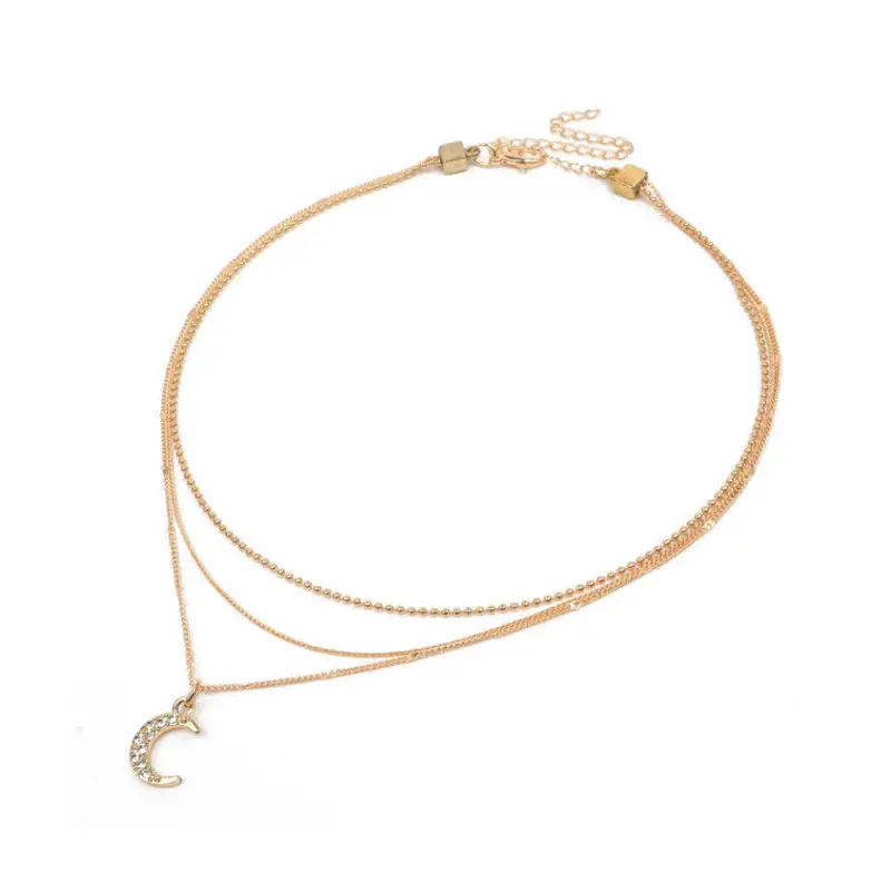 Collar Triple de Cadenas Doradas con Dije de Luna con Strass