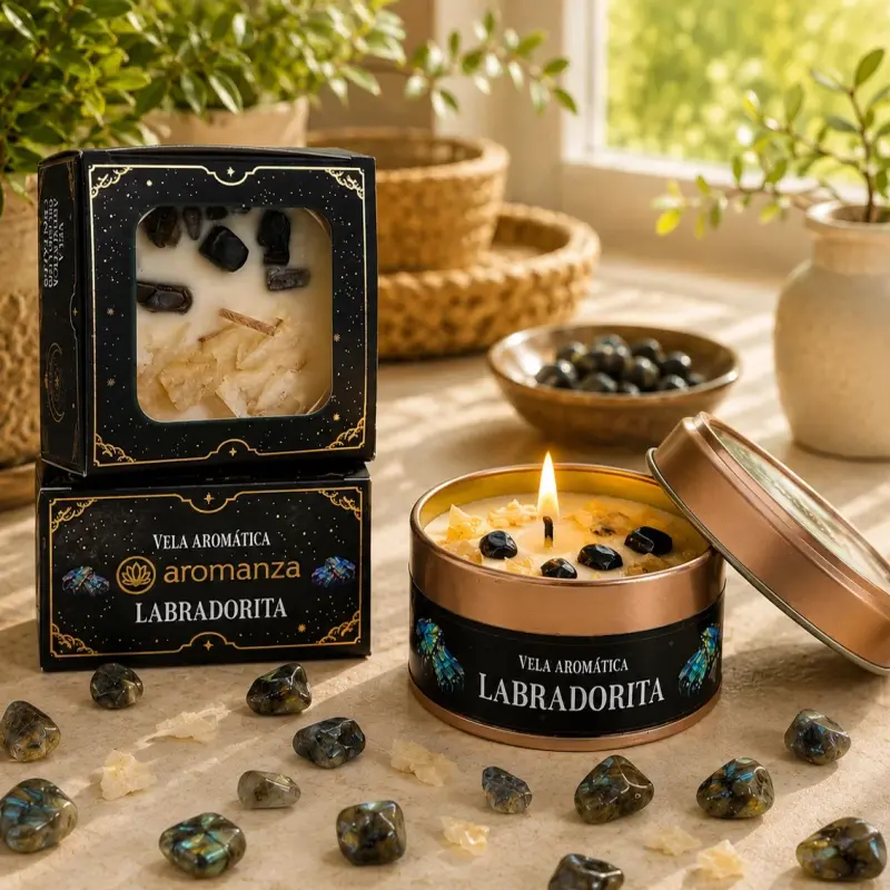 Vela Aromatica Organica con Cristal Labradorita
