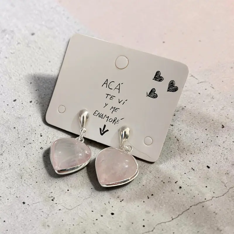Aros Gema Cuarzo Rosa Corazon con Virola