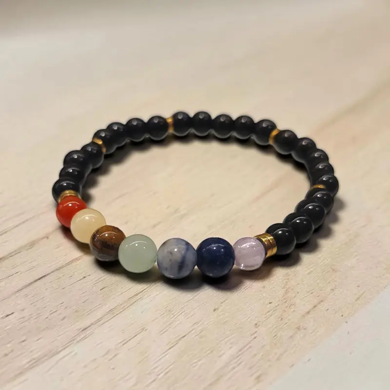 Pulsera Gema 7 Chakras con Obsidiana y Hematite Dorado 6mm Elástica