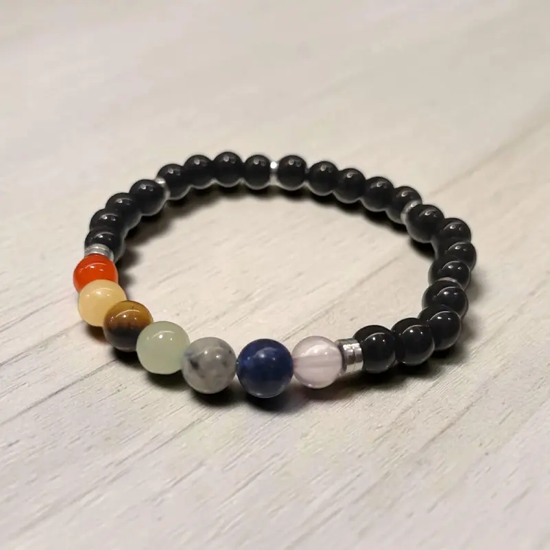 Pulsera Gema 7 Chakras con Obsidiana y Hematite 6mm Elástica