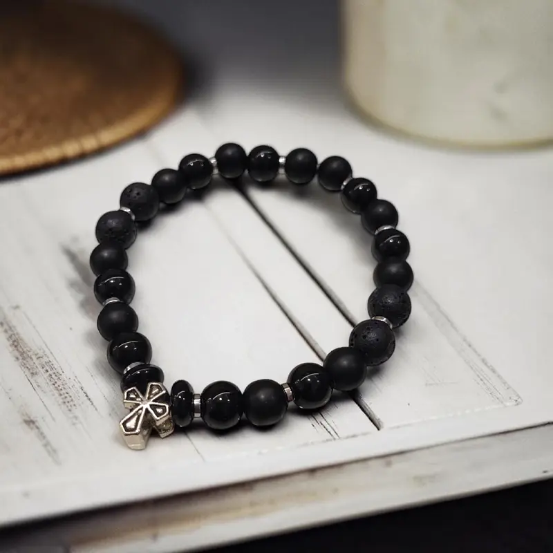 Pulsera Gema Obsidiana Negra, Onix Mate y Piedra Volcanica con Dije Cruz
