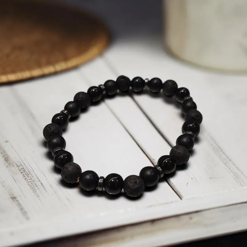 Pulsera Gema Obsidiana Negra, Onix Mate, Hematite y Piedra Volcanica