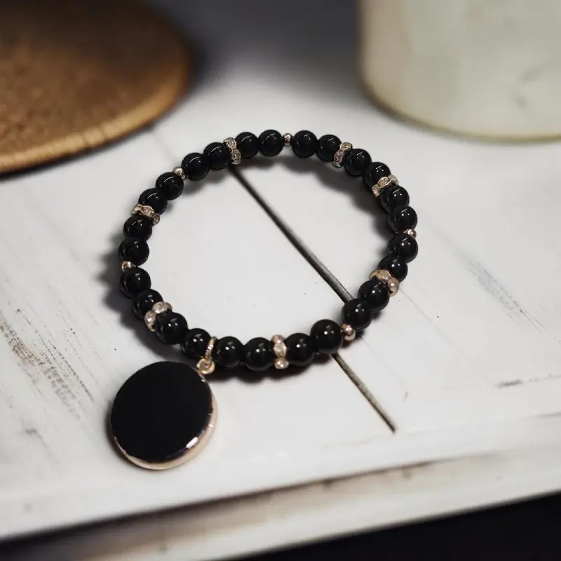 Pulsera Gema Obsidiana Negra con Dije Elastica