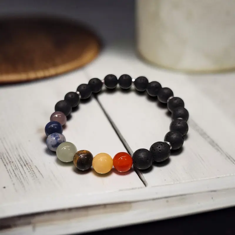 Pulsera Gema Hematite, 7 Chakras y Piedra Volcanica Elastica