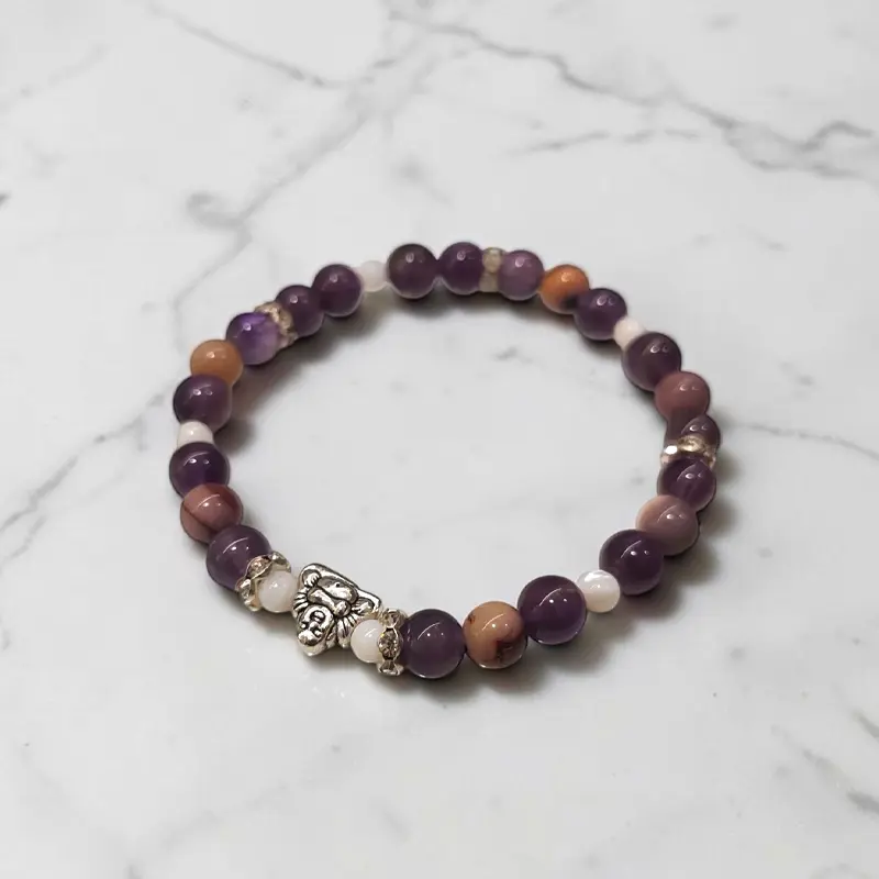 Pulsera Gema Amatista, Mokaita, Nacar y Dije Buda Elastica