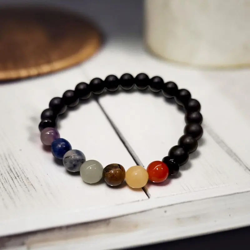 Pulsera Gema 7 Chakras y Onix Mate Elastica