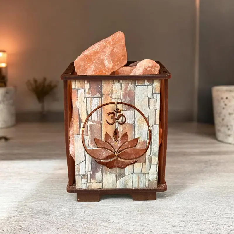 Lampara de Sal Madera Calada Varios Colores con Flor de Loto y Om