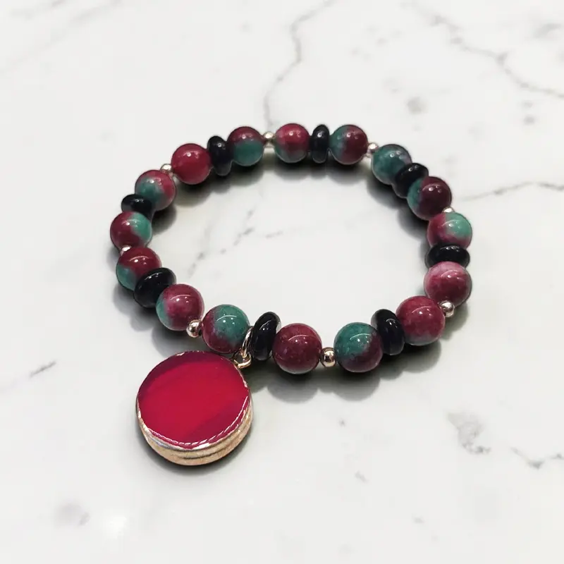 Pulsera Gema Elastica Agata Sandia, Donas de Obsidiana Negra y Dije de Agata 