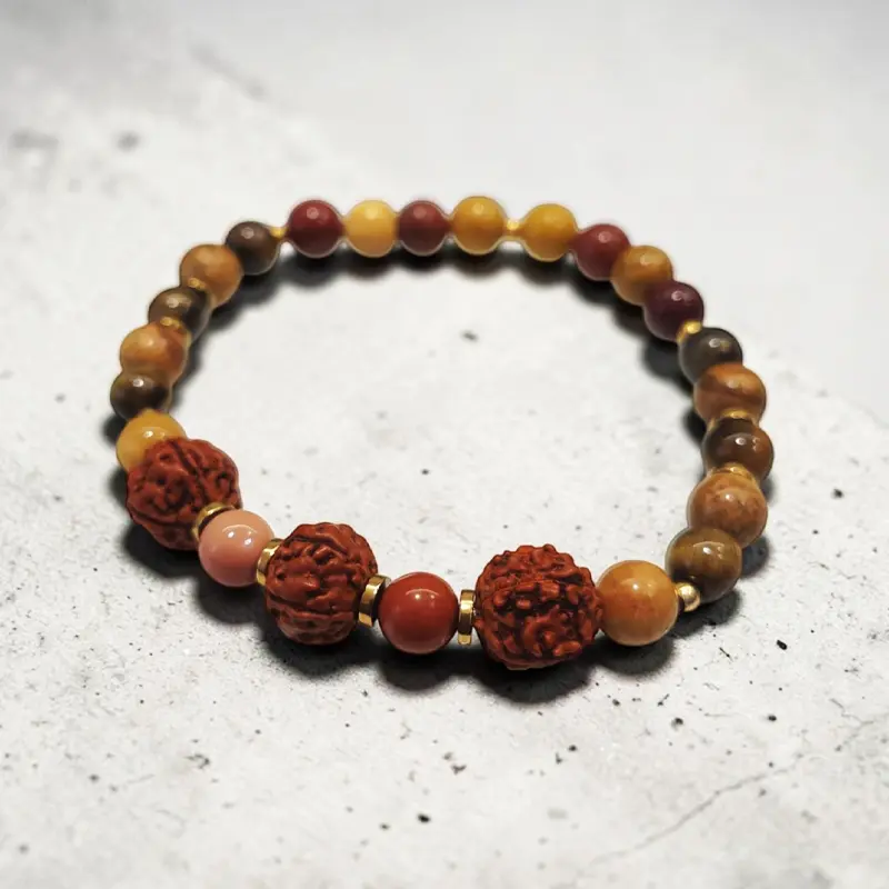 Pulsera Gema Elastica Mokaita, Ojo de Tigre, Jaspe Madera, Hematite Dorado y Rudraksha 