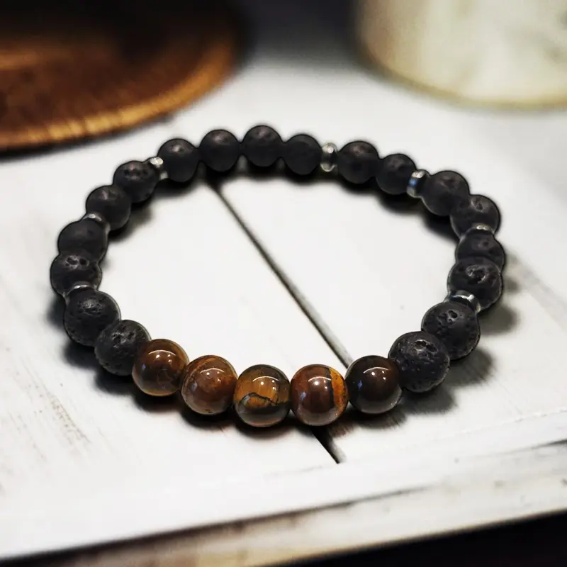 Pulsera Gema Elastica Ojo de Tigre, Hematite y Piedra Volcanica