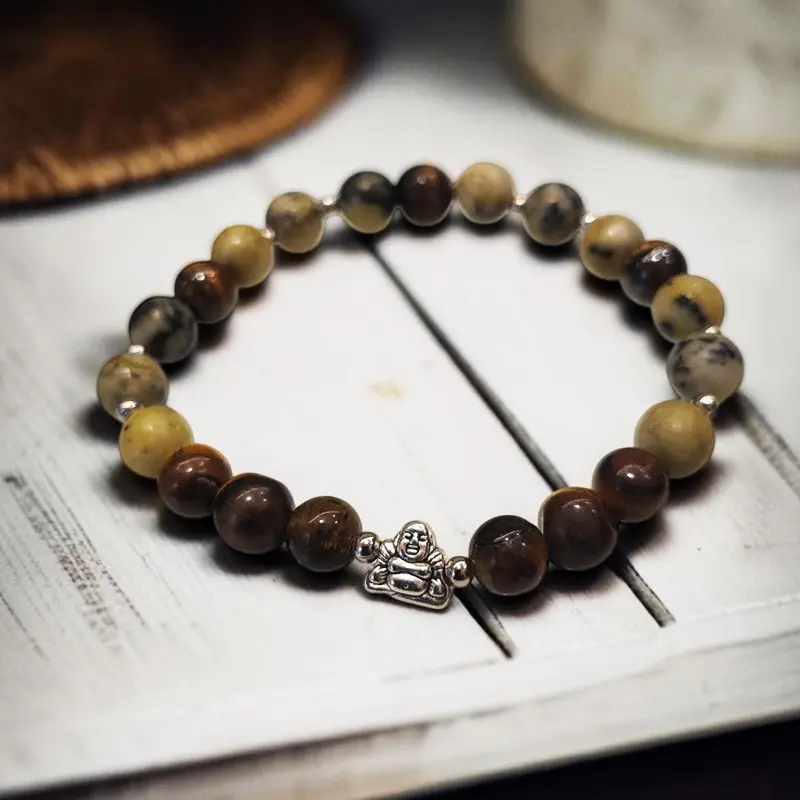 Pulsera Gema Elastica Ojo de Tigre, Jade y Dije Buda