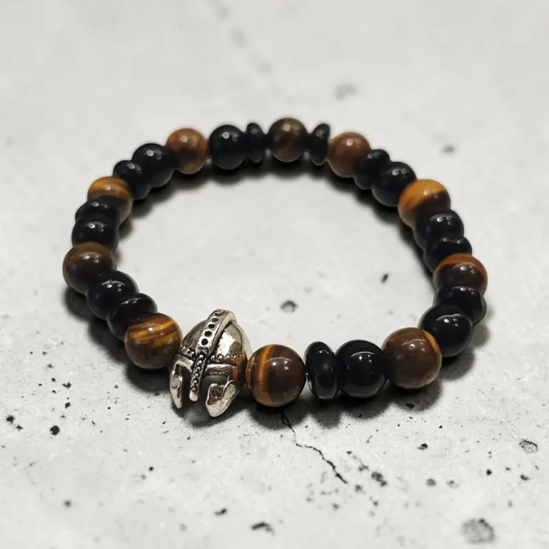 Pulsera Gema Elastica Obsidiana Negra, Ojo de Tigre con Dije Plateado