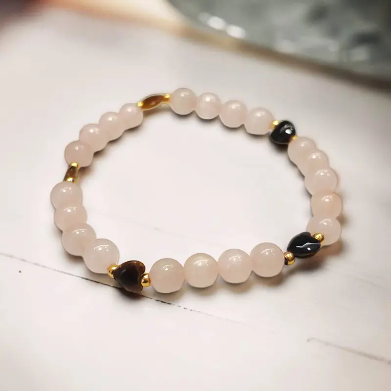 Pulsera Gema Elastica Cuarzo Rosa y Corazones Ojo de Tigre