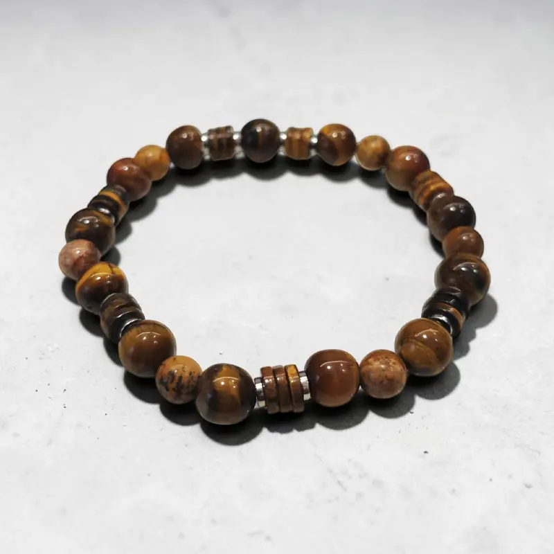 Pulsera Gema Elastica Ojo de Tigre, Jaspe Madera y Hematite 