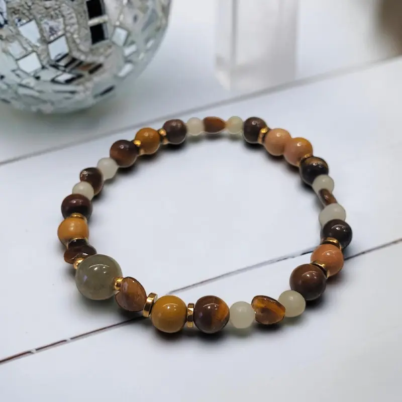 Pulsera Gema Elastica Amazonita, Ojo de Tigre, Hematite Dorado y Jaspe Madera