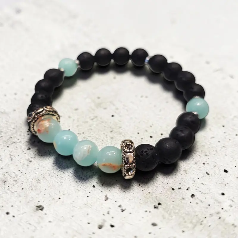 Pulsera Gema Elastica Larimar, Hematite y Piedra Volcanica