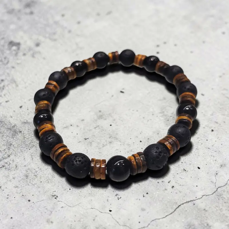 Pulsera Gema Elastica Obsidiana Negra, Ojo de Tigre y Piedra Volcanica