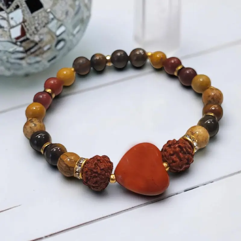 Pulsera Gema Elastica Ojo de Tigre, Jaspe Madera, Hematite Dorado, Rudraksha y Corazon de Jaspe Rojo
