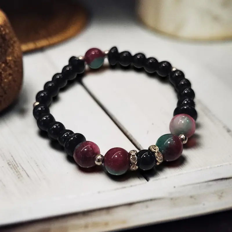 Pulsera Gema Elastica Agata Sandia y Obsidiana Negra