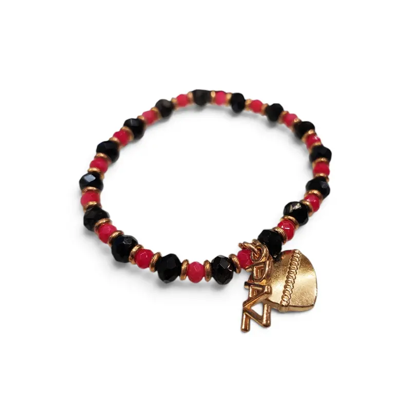 Pulsera Elastica Fucsia y Negra con Dijes Dorados Paz y Corazon 