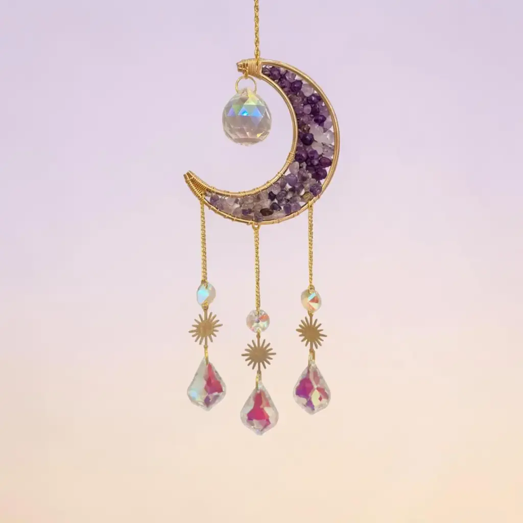 Movil Colgante Dorado de Luna Semillena Amatista (50x10 cm)