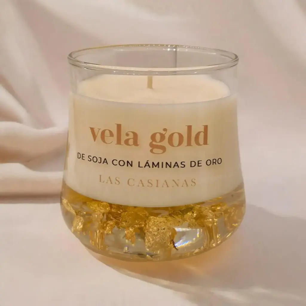 Vela Gold de Soja Aromatica Champagne rose, con láminas de Oro, Las Casianas. 
