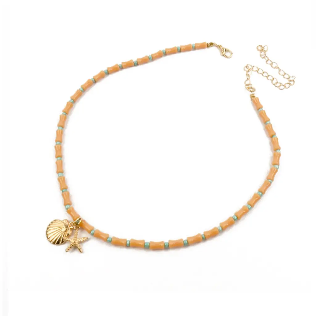 Collar con Salmon y Celeste con Dijes Dorados 