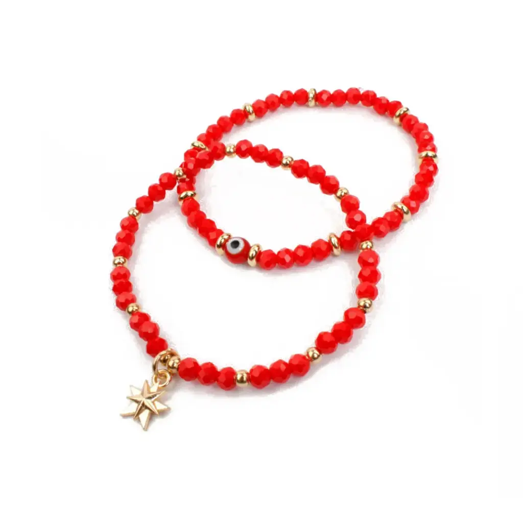Set Pulsera Elastica Roja con Ojo Turco y Estrella Dorada