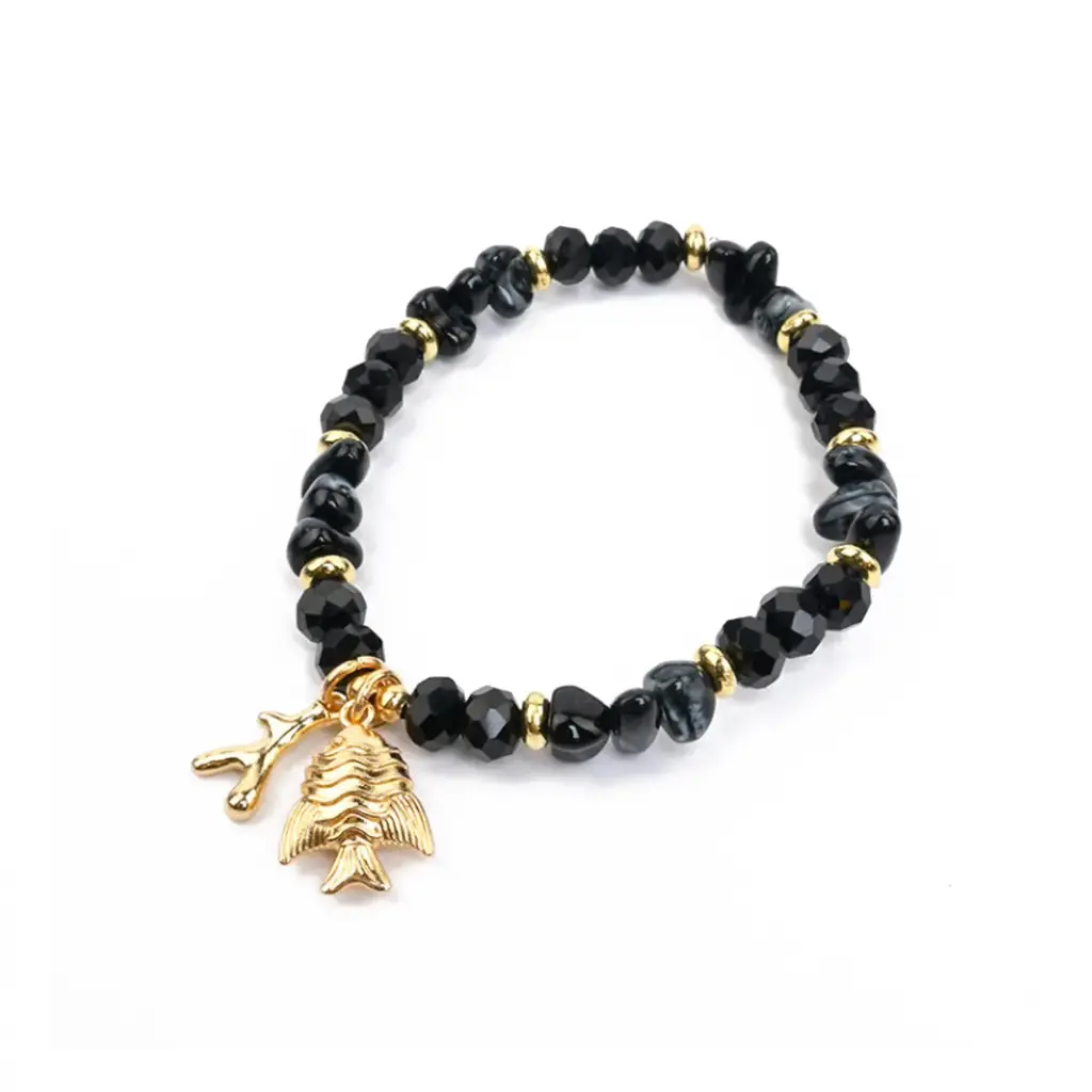 Pulsera Elastica Negra Con Dijes Dorados Marinos