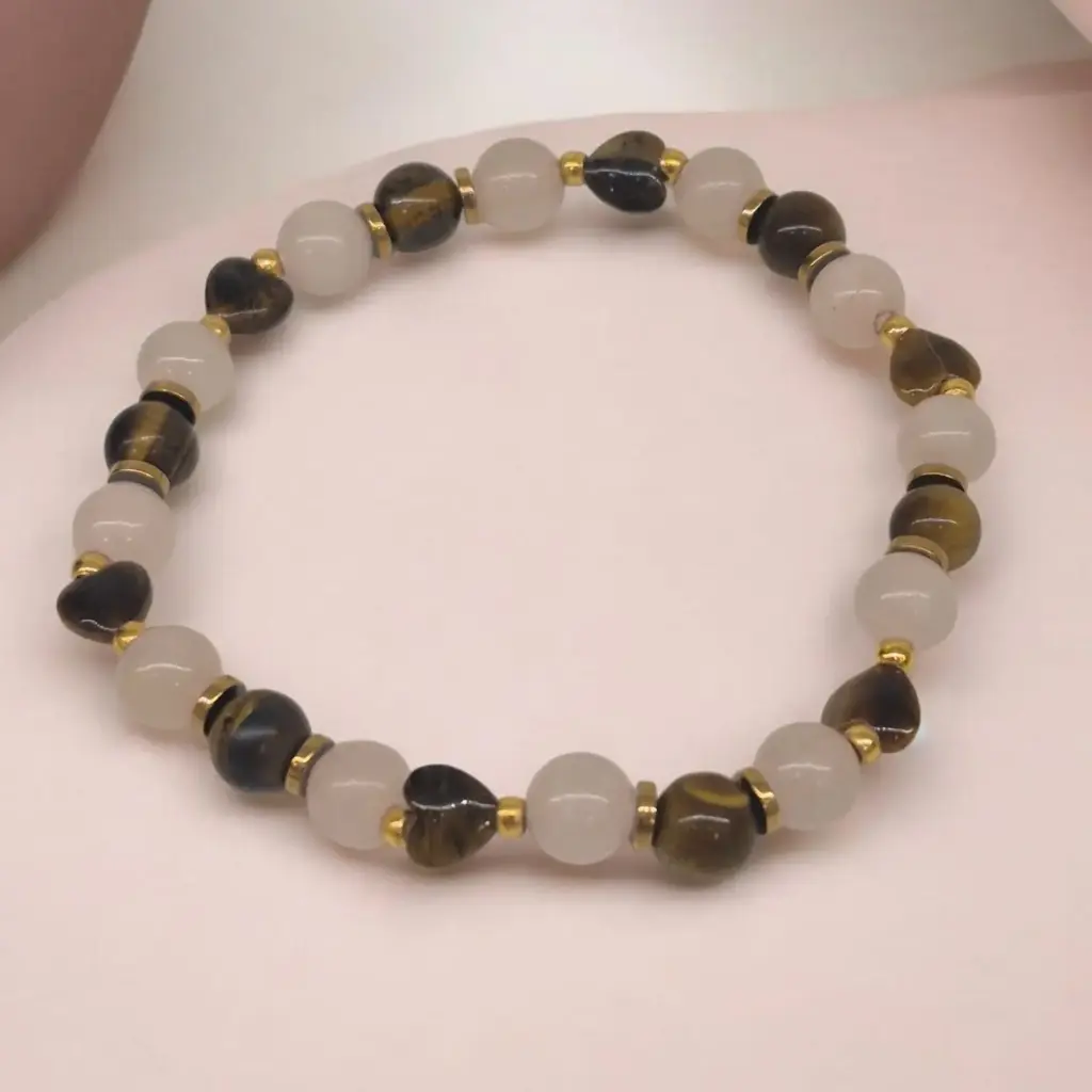 Pulsera Gema Ojo de Tigre, Cuarzo Rosa, Hematite y Corazón de Ojo de Tigre