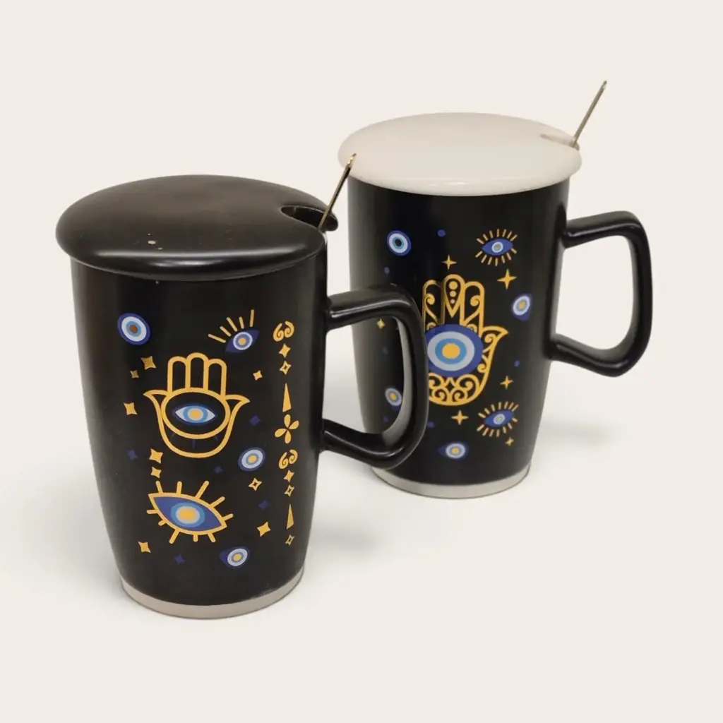 Taza de Ceramica Negra con Ojo Turco, Tapa (Blanca o Negra) y Cuchara