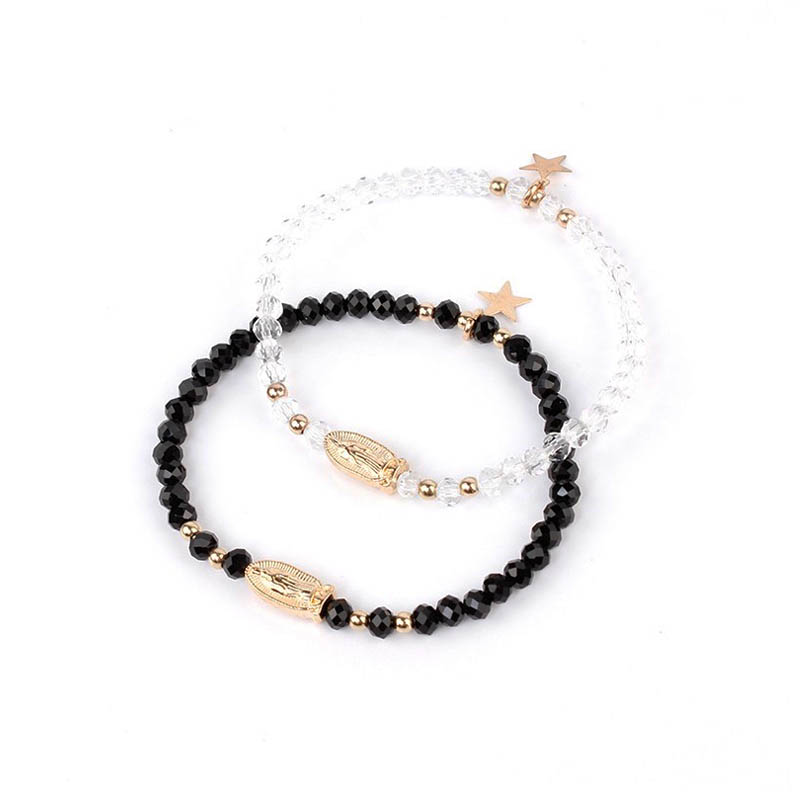 Set Pulseras Negra y Transparente Elasticas Blessed Amulet Virgen Guadalupe