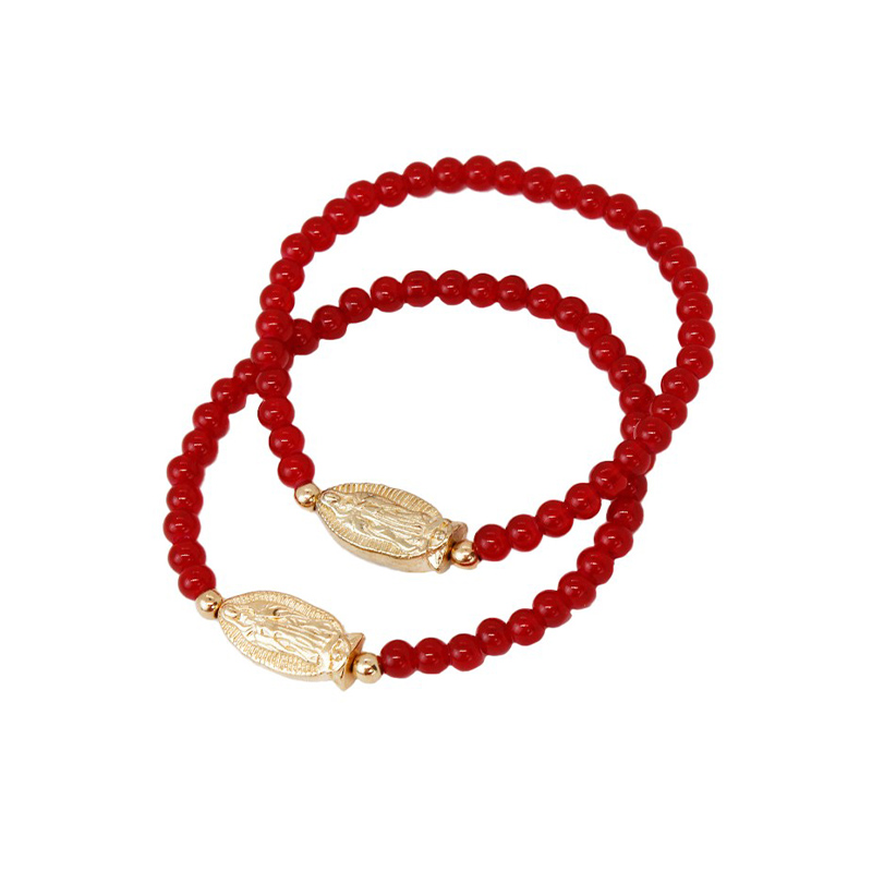 Set Pulsera Elastica Rojas con Dije Dorado Virgen de Guadalupe