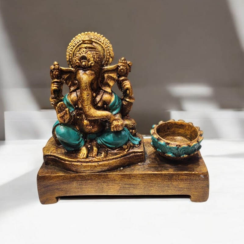 Porta Velas Altar Ganesha Dorado Manto Verde 15cm