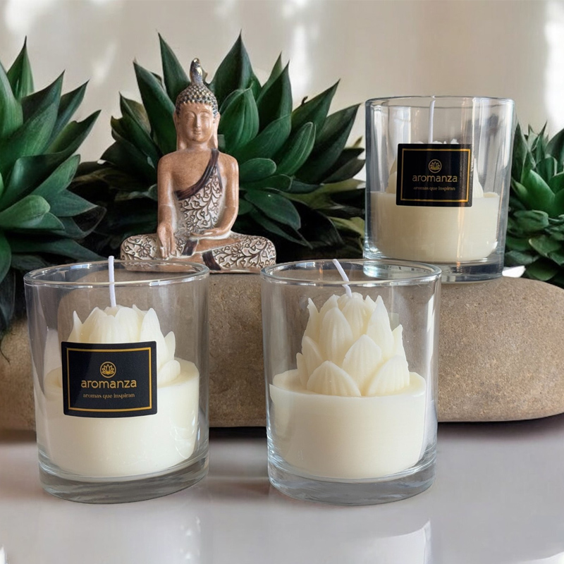 Vela con Flor de Loto Cera Vegetal Lavanda Francesa