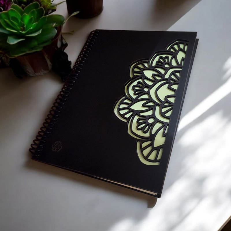 Cuaderno A5 Rayado Tapa Madera Negra Mandala