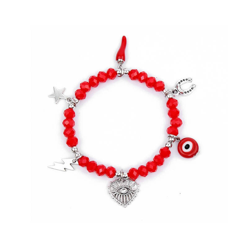 Pulsera Elastica Roja con Ojo Turco, Herradura y Dijes Varios