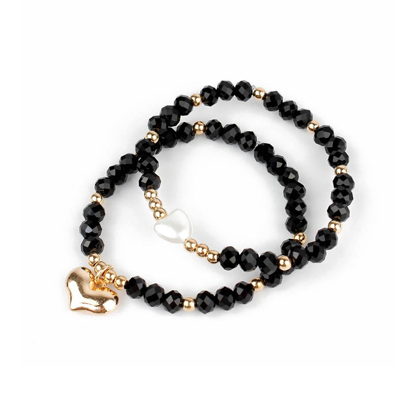 Set Pulseras Elasticas Negras con Corazon Blanco y Dorado