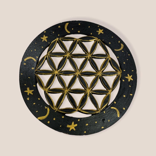 Flor de la Vida Madera Negro con Lunas y Estrellas Doradas 21cm